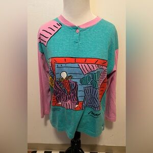 Vintage 80s Peter Max Neo Max Red Room Dega Henley Art Graphic Shirt